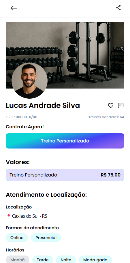 Tela de perfil profissional no FitConnection